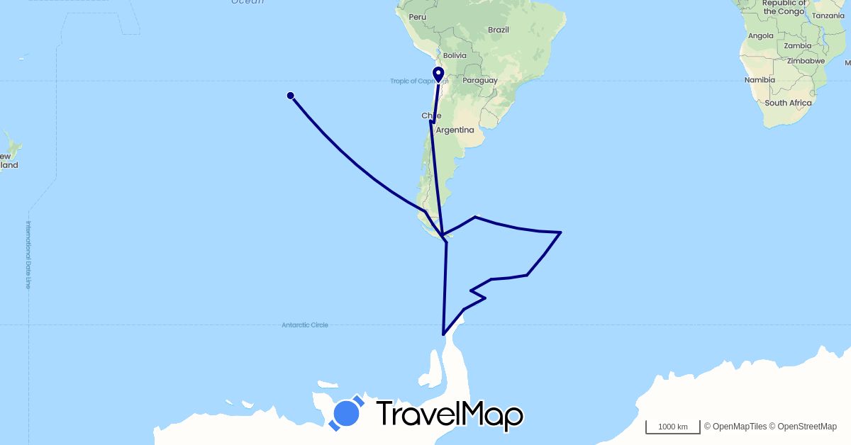TravelMap itinerary: driving in Argentina, Chile, Falkland Islands, South Georgia and the South Sandwich Islands (Antarctica, South America)